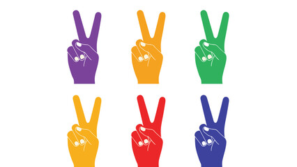 Fototapeta premium Six hands making the peace sign or v sign in a pop art grid layout with vibrant purple orange green yellow red and blue colors.