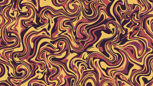 Vibrant abstract liquid marble pattern with intricate swirling lines and shapes in shades of yellow dark red and purple colors.