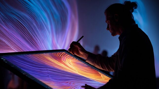 Artist creates digital art with vibrant colors in a dark studio during an evening session of creative work and exploration
