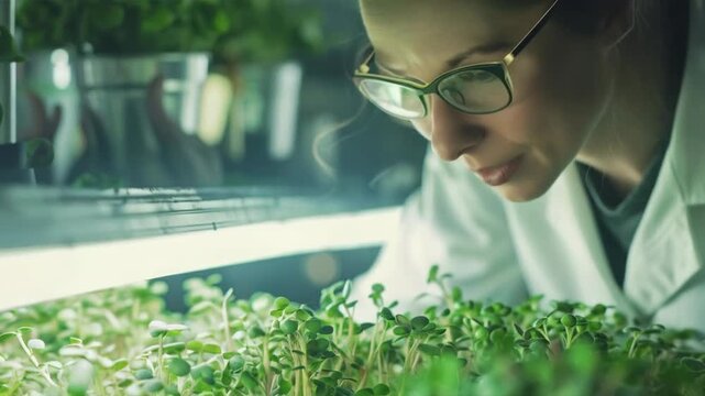 A woman wearing glasses bent over young seedlings, illustrating her passion for science and innovation in agriculture, which would be an excellent backdrop for educational materials on biotechnology.
