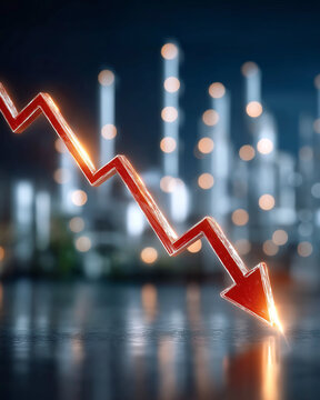 Economic Downturn: A vibrant red arrow sharply points downward, dramatically illustrating a decline amidst a blurred backdrop of an industrial city and symbolic of financial instability.