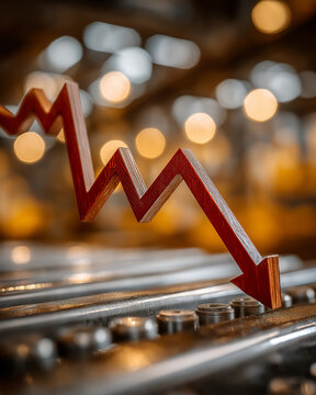 Economic Decline: A striking image of a red, downward-pointing arrow symbolising a downturn. conveying financial loss and economic instability against a blurred backdrop