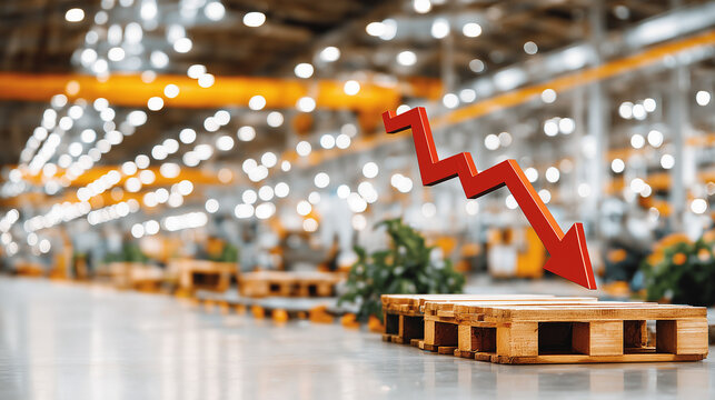 Industrial Downturn: A symbolic depiction of economic recession unfolds within a vast factory setting, as a downward-trending arrow casts a shadow over the scene.