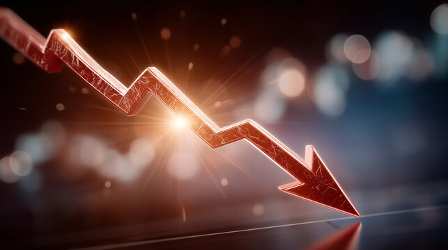 Economic Downturn: A vibrant visual representation of economic recession, marked by a sharp downward arrow against a backdrop of blurred financial data.
