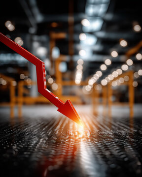 Economic Downturn: A vibrant red arrow sharply points downward, visually representing the concept of financial loss and economic recession in a dynamic and visually striking composition.