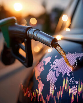 Fueling the World: A close-up shot highlights the interconnectedness of global energy consumption. The image presents a fuel pump nozzle dispensing gasoline onto a car.