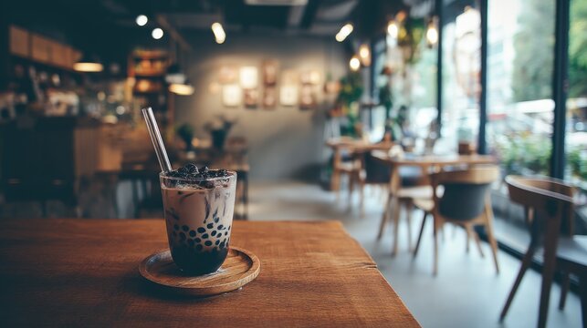 Refreshing dessert drink with tapioca pearls presented on wooden table in modern cafe interior with blurred background and natural light streaming in