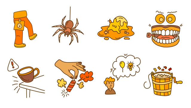 Funny prank icons and objects in orange line art for april fools