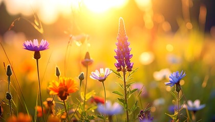 Fototapeta premium Vibrant wildflowers bathed in golden sunlight, a serene meadow scene.