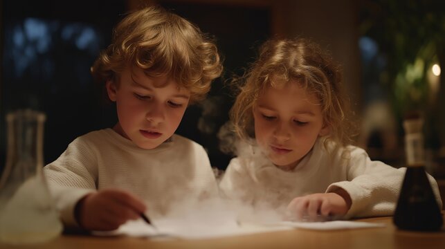 Elementary siblings competing aggressively over science fair project on dining table, volcano experiment smoking between them, parents mediating, ideal for academic rivalry, family competition, and