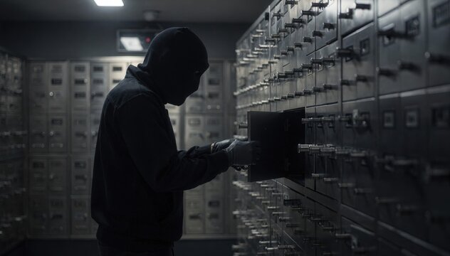 Dimly lit secure room showing a focused member discreetly opening a safe deposit box emphasizing secrecy with blurred background elements.