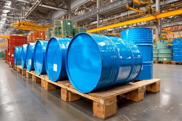 Storage area has many blue barrels on wooden pallets in a warehouse during daylight hours