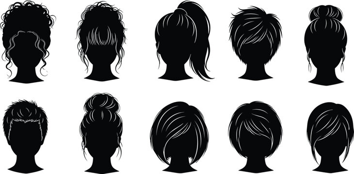 Women and men hairstyle silhouettes set, modern haircuts collection, ponytail bun pixie bob styles, black head icons vector illustration