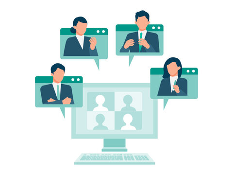 Digital interface of a video conference application on a desktop monitor showing a man and a woman communicating online for a remote business meeting