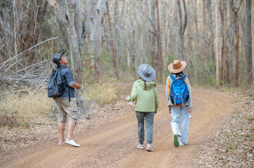 Obraz premium Three people walking down a dirt path in the woods.