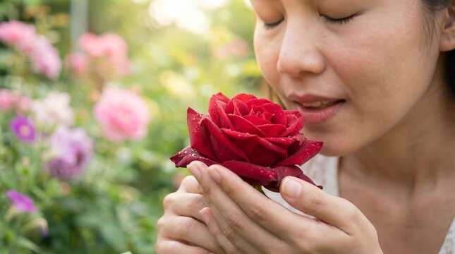 Woman gently smelling red rose in blooming garden on sunny day, natural fragrance moment, outdoor relaxation, beauty, wellness, romance and lifestyle inspiration