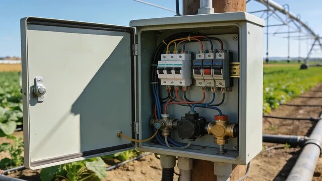 Open irrigation control box with valves and wiring installed in agricultural field, automated watering infrastructure supporting crop cultivation, farming technology, resource management and food prod