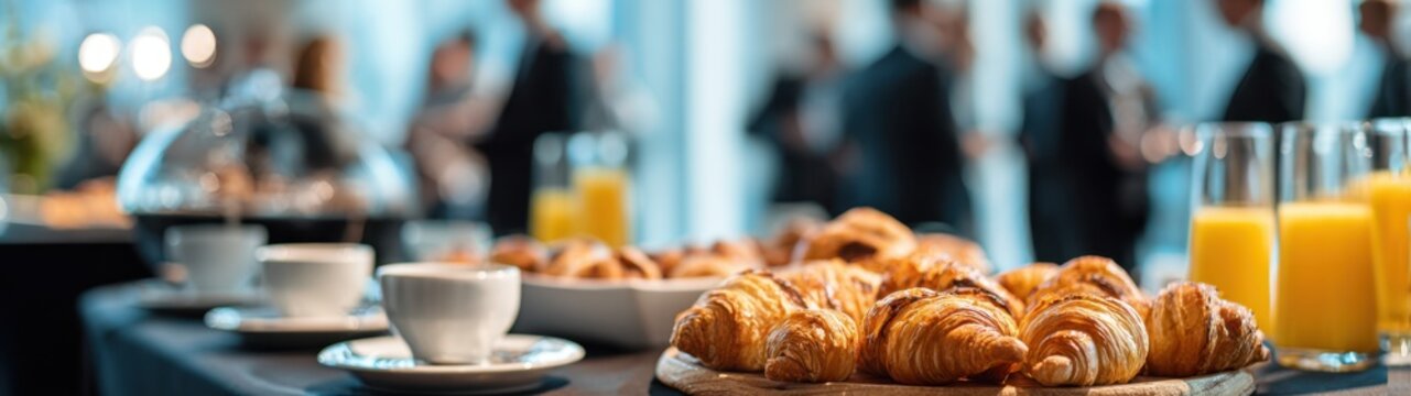 Ultra-wide banner of a corporate breakfast catering table with croissants, coffee, and juice. Blurred business people networking at a conference coffee break in the background.