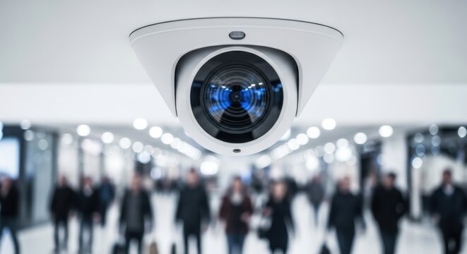  Close-up of a dome security camera lens monitoring a blurred crowd in a busy shopping center. Public safety, urban surveillance and retail security concept.