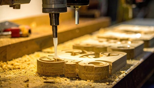 A modern CNC router precisely shaping intricate patterns into wooden components with exceptional detail, highlighting automated craftsmanship in a dynamic workshop setting.