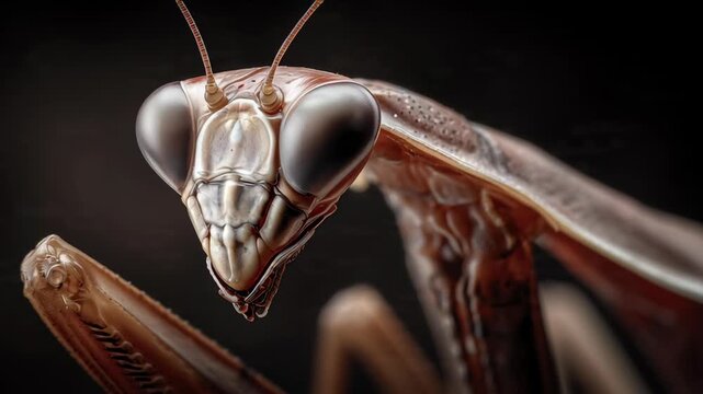 Closeup of Praying Mantis Insect on Black Background.