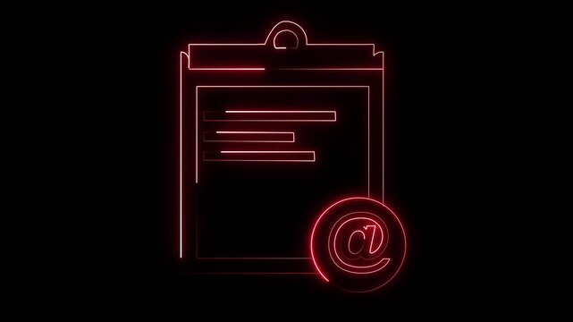 Neon Clipboard with At Symbol Icon on animated Black Background document paper