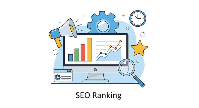A computer screen displays a colorful bar graph and line chart surrounded by SEO ranking indicators and tools.