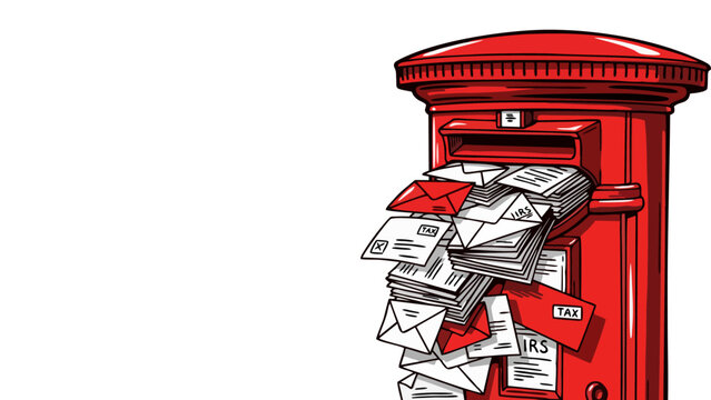 Overflowing British Red Pillar Post Box Illustration with White Space for Copy