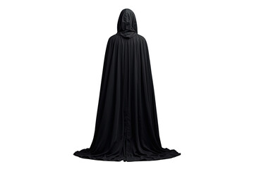 Naklejka premium Person wearing a long medieval or fantasy-style black cloak and hood, shot from the back. Transparent background