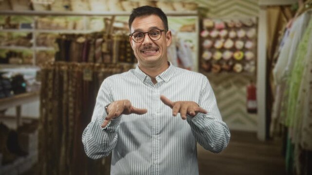 Young hispanic man with moustache gestures with hands over bolts of fabric in a fabric shop studio; amused curiosity.