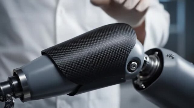 Detailed close-up of a sophisticated prosthetic arm, showcasing its advanced mechanics and carbon fiber detailing, highlighting innovation in artificial limb technology and future mobility solutions