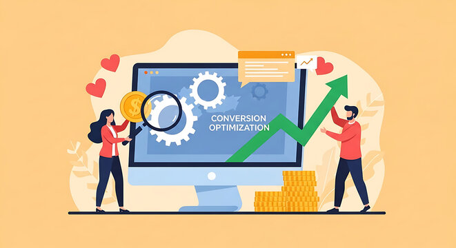 Two people analyze conversion optimization on a computer screen with graphs