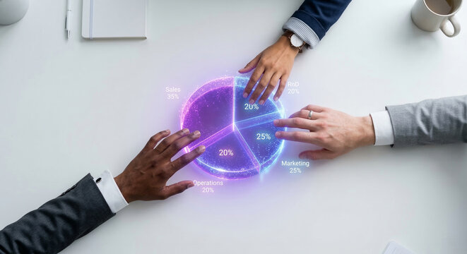 Diverse business team collaborating on a pie chart digital data visualization with glowing neon