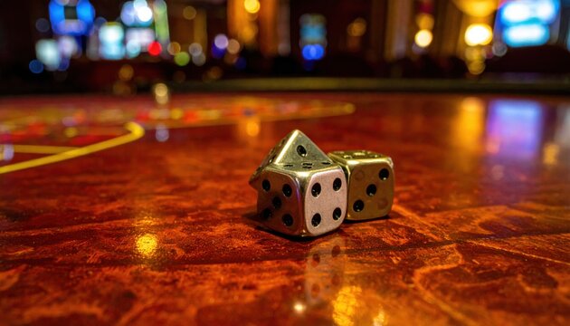 Two shiny silver dice with sharp edges resting at a jaunty angle on a polished mahogany surface in a dimly lit casino environment.