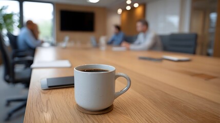 Fototapeta premium Close up of a coffee mug and smartphone on a wooden table in a modern conference room with blurred people attending a meeting in the background