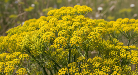 Obraz premium Golden Umbel Bloom Illustration with Radiating Floral Cluster, Elegant Botanical Flower Design Inspired by Nature