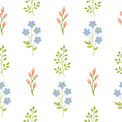 Fototapeta premium Tender floral seamless pattern with blue flower and pink bud