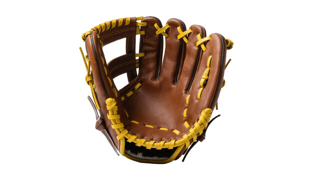 Isolated brown leather baseball glove with bright yellow laces, perfect for game or practice