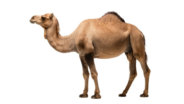 Isolated dromedary camel standing in full profile, majestic desert mammal, natural pose