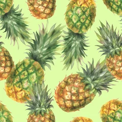 Canvas schilderij Jungle Pineapples seamless pattern soft green  © Olena