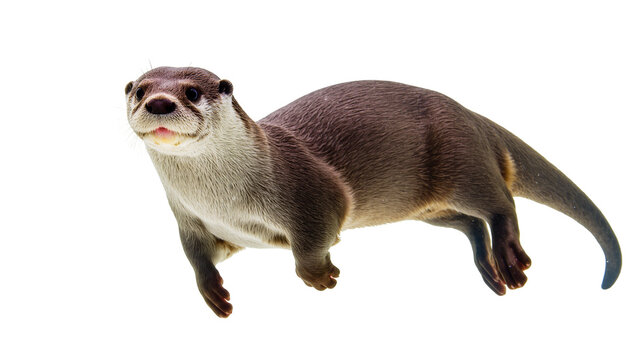 Isolated cute wild otter looking towards camera, full body shot, aquatic animal