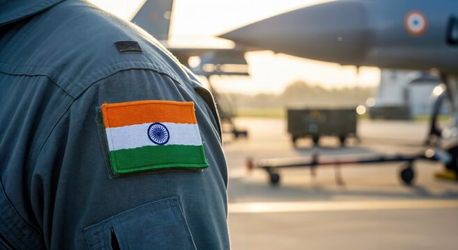 Indian Air Force Pilot in Flight Suit with Flag Patch Standing Near Fighter Jet