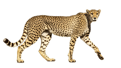 Isolated cheetah walking, elegant spotted wild cat looking forward, strong and graceful animal © Lysander