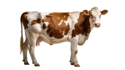Isolated adult dairy cow with brown and white coat standing, looking directly at camera