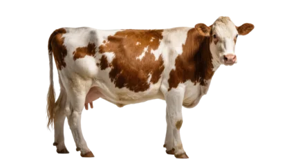 Fotobehang Koe Isolated adult dairy cow with brown and white coat standing, looking directly at camera  © Lysander