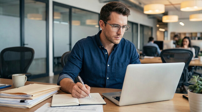 Businessman working on laptop and taking notes in modern office environment with colleagues in background and office supplies on desk