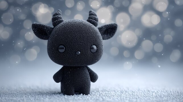 Chibi black goatling goat character with short horns on frosty bokeh