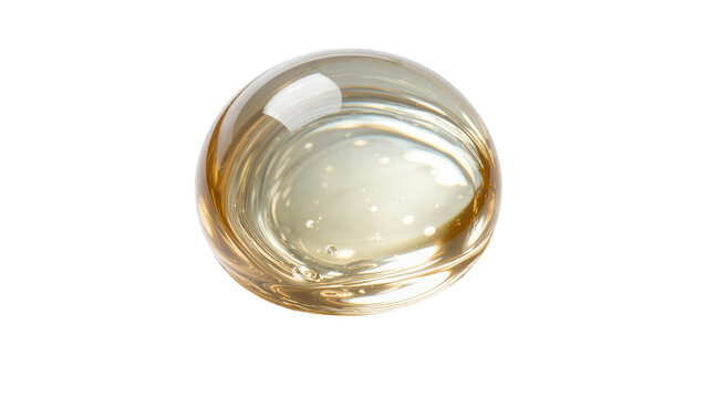 Isolated elegant clear glass sphere with internal golden brown fluid patterns and sparkling bubbles