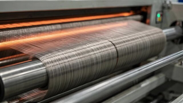 Medium shot capturing mediumsized tow acrylic precursor fibers in oxidation phase emphasizing fiber texture and the precise stabilization method for carbon fiber production.