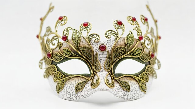 Ornate Forest Elf Fantasy Masquerade Mask with Gold Filigree Leaves and Red Gems on White Background